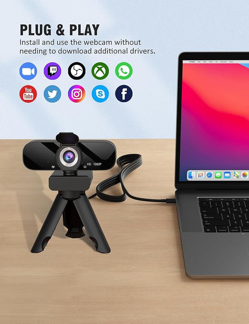 1080P HD Webcam with Built-in Microphone Rotatable Tripod Wide-Angle LensPrivacy Cover Auto Light Correction Plug &amp Play USB-A Webcam for Laptop Desktop PC Streaming-Black-1