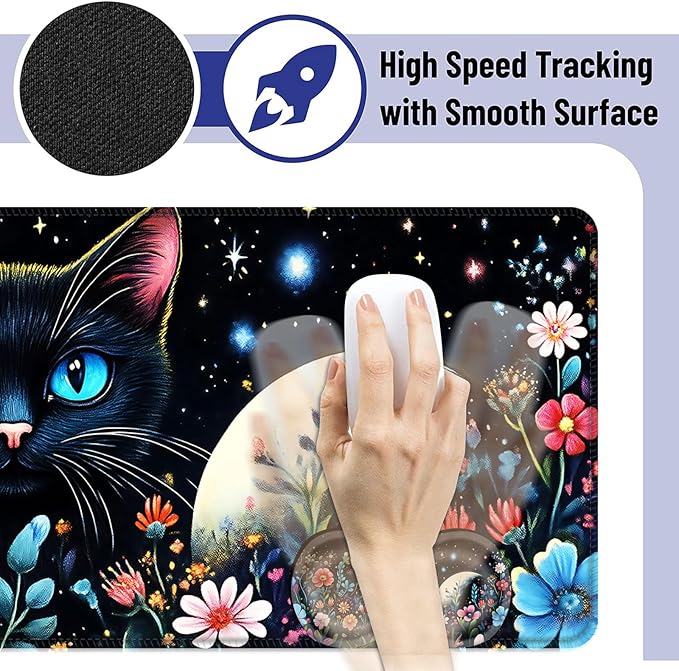 Large Mouse Pad and Keyboard Wrist Rest Desk Pad for Keyboard and Mouse 4-in-1 Large Gaming Mouse Pad with Wrist Support Desk Mat for Home Office Study GameBlack Cat Flower