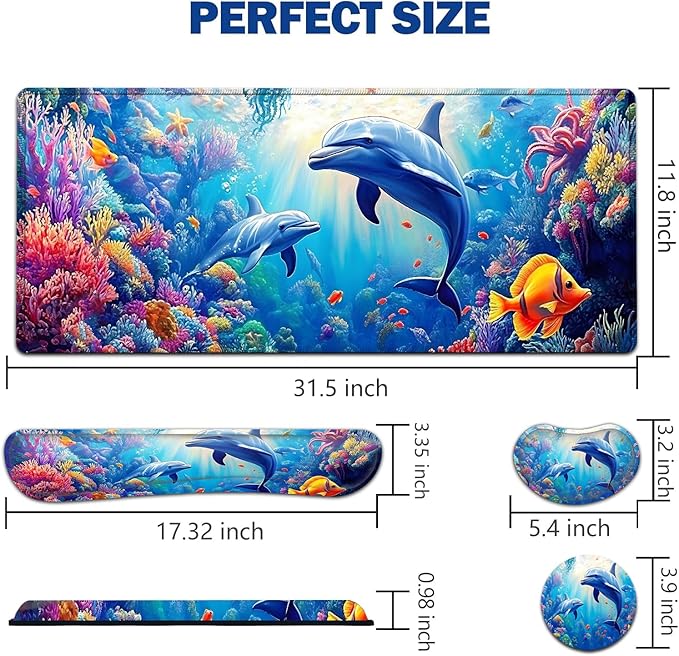 Large Mouse Pad + Keyboard Wrist Rest Set Extended Gaming Mousepad (31.5X11.8 inch) with Non-Slip Rubber Ergonomics Memory Foam Mouse Wrist Rest Support Underwater World Dolphin XXL Desk Pad