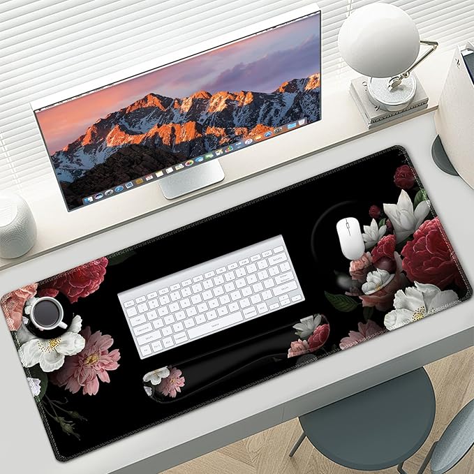 AIMSA Mouse PadLarge Black Desk Mat XXL Mousepad+Keyboard Wrist Rest+Ergonomic Mouse Wrist Rest+Coaster Set4in1 Desk Pad for Home Office Table Computer-Vintage Flower