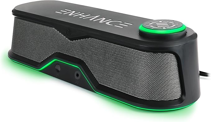 ENHANCE SB1 High Excursion Computer Soundbar - USB Powered Computer Speaker Under Monitor Speaker with 10W Peak LED Volume Control Knob Headset Pass Through Gaming Soundbar for PC