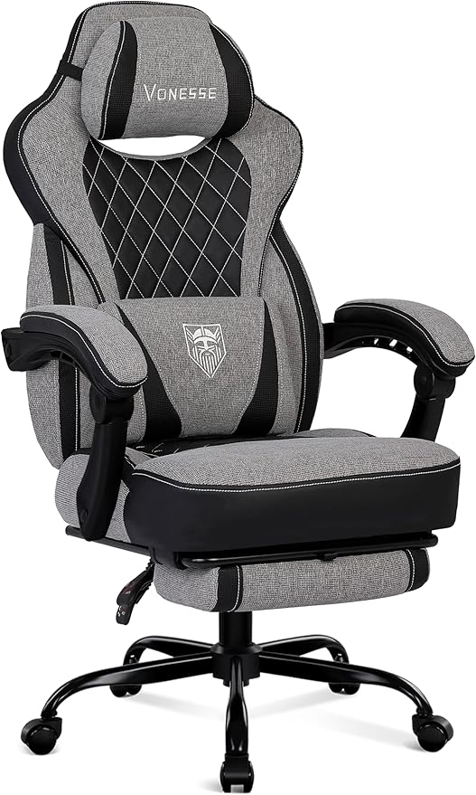 Vonesse Gaming Chair Reclining Fabric Gaming Chairs for Adults 250LBS Office Chair with Pocket Spring Cushion Computer Chair with Footrest and Massage Lumbar Support (Grey)