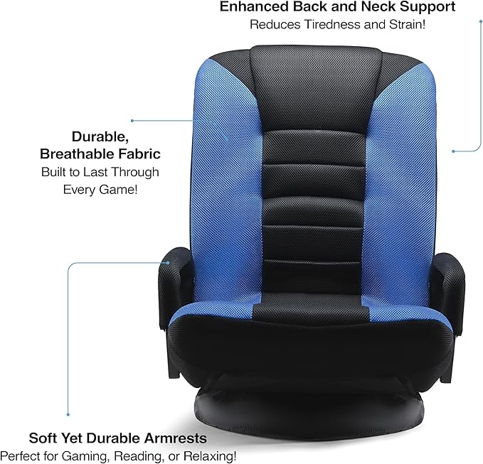 Swivel Floor Gaming Chair - Video Lounger Enjoy 6 Different Positions Adjustable Backrest Removable Arm Rests Folds to Store Stylish Blue with Black Center Stripe