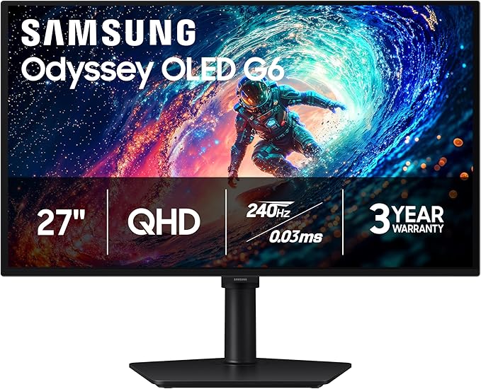 Samsung 27 Odyssey OLED G6 (G61SH) Gaming Monitor - QD-OLED QHD (1440P) 240Hz 0.03ms Glare-Free Pantone Validated HDR10 Height-adjustable stand OLED Safeguard 3 Year Warranty LS27HG612SNXZA