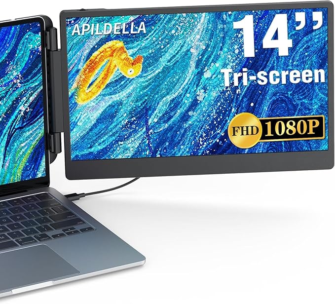 14'' 1080P Portable Dual Monitor Extender for Laptops - USB C and HDMI Plug-Play for Dual Display on Mac and Windows Fits 13''-17.3'' Laptops