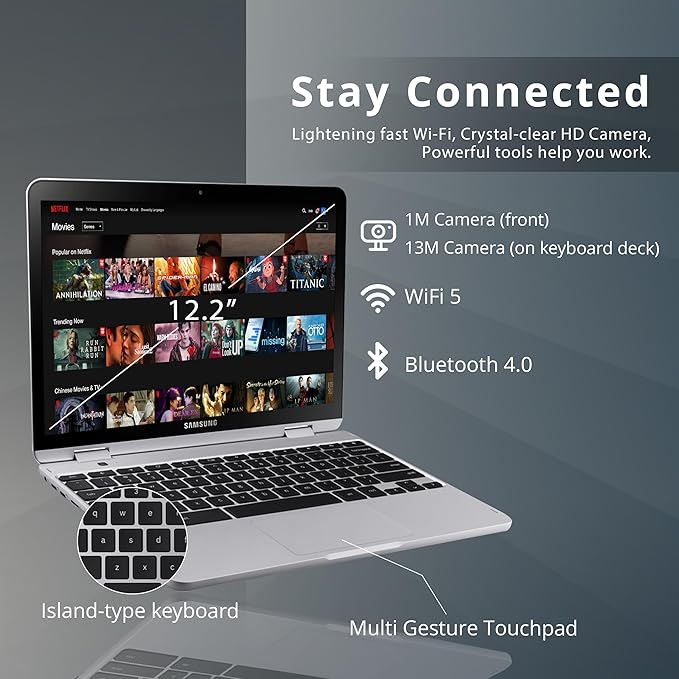 SAMSUNG Plus V2 2-in-1 12.2 Touchscreen Chromebook Laptop Intel Celeron 3965Y 4GB RAM 64GB eMMC Camera Wi-Fi Bluetooth MicroSD Reader Stylus Pen Chrome OS Silver 128GB USB Card (Renewed)