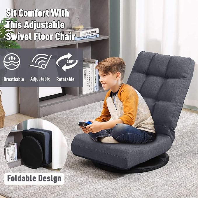Swivel Floor Chair for TeensMultipurpose Gaming Chair Rocker for TV Reading Playing Video Games Lumbar Support Adjustable Foldable Backrest (Grey)