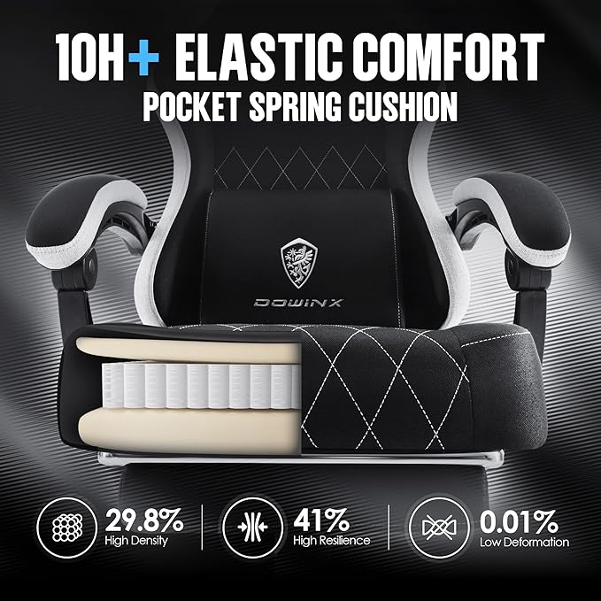 Dowinx Fabric Gaming Chair Ergonomic Computer Chair with Footrest and Pocket Spring Cushion Height Adjustable Video Gamer Chair with Lumbar Support for Adults Black
