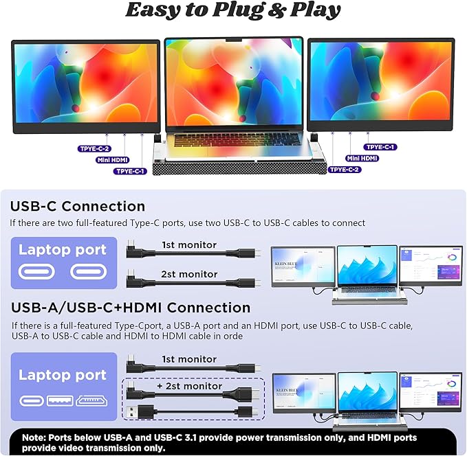 Laptop Screen Extender 14 Inch Portable Monitor FHD 1080P 360° Rotatable with Metal Stand Plug &amp Play via USB-C/HDMI for Windows/Mac/Android/PS5