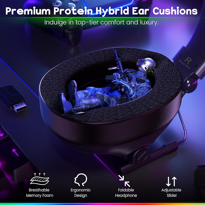 WG2 Wireless Gaming Headphone for PS5 PS4 PC Switch Mac Crystal Stereo Bluetooth Headphones Wireless Headset 2.4GHz with Lossless Audio 50 Hr Battery Cool LED
