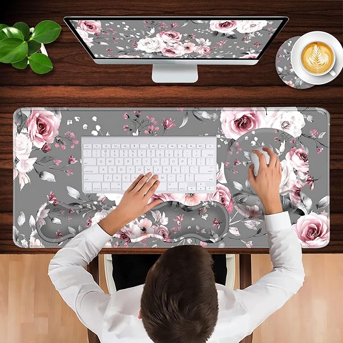 Mouse PadLarge Pink Desk Mat 4in1 XXL Mousepad + Keyboard Wrist Rest+Mouse Wrist Rest+Coaster Set with Ergonomic Desk Pad for Home Office Table Computer-Gray Rose Floral