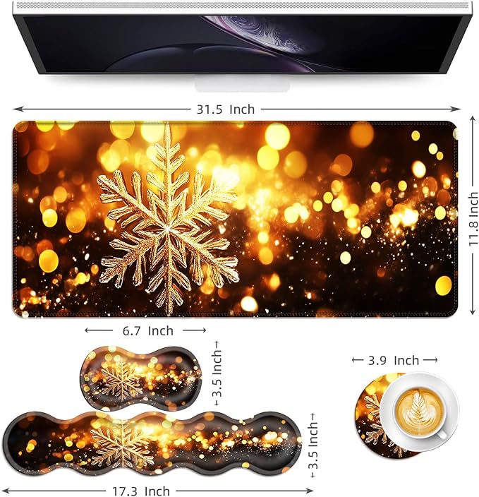 Keyboard Mouse Pad Set Extended Gaming Mouse Pad+Ergonomics Keyboard Wrist Rest Support Memory Foam Easy Typing Pain Relief 4Pcs XL Ultra Thick Desk MatGolden Snowflake Sparkling
