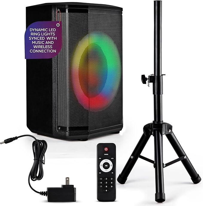 Pyle Portable Bluetooth Speaker with 8 Inch Woofer TWS Function Mic Input USB/Micro SD/FM Radio Colorful Ring Lights 120W Rechargeable Battery Tripod Stand Hi-Fi Sound Indoor/Outdoor Use