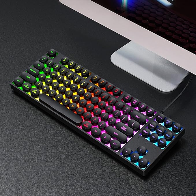 Gugxiom Mechanical Gaming Keyboard USB Wired Punk Typewriter Light Up Keyboard 87 Keys Round Keycaps Keyboard with Colorful Backlit for Windows (Black)