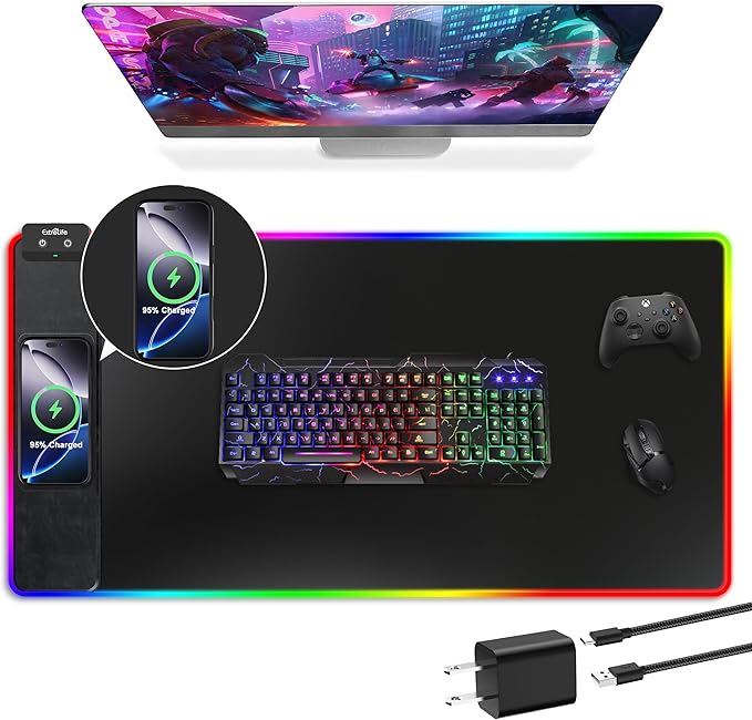 Mouse Pad with Wireless Charging RGB Gaming Mousepad Large Desk Mat with Ultra-Smooth Surface Non-Slip Mouse Mat Waterproof Computer Keyboard Pad with 18W QC Power Adapter 800x400x4MM Black