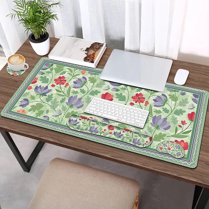 AIMSA Gaming Mouse Pad Wrist Support Set Desk Pad +Mouse Wrist Rest +Keyboard Wrist Rest +Coaster 4in1 Ergonomic Mouse Pad Combo for Home Office -Red Purple Flower