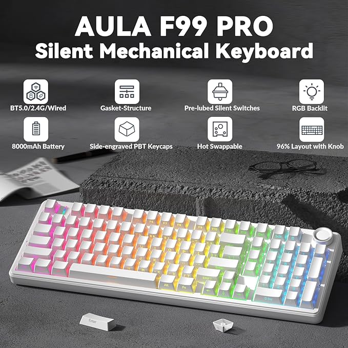 AULA F99 Pro Wireless Mechanical Keyboard-Silent VersionBT5.0/2.4GHz/USB-C Hot Swappable Custom KeyboardGasket StructurePre-lubed Linear Switches RGB Backlit Computer Gaming KeyboardsWhite