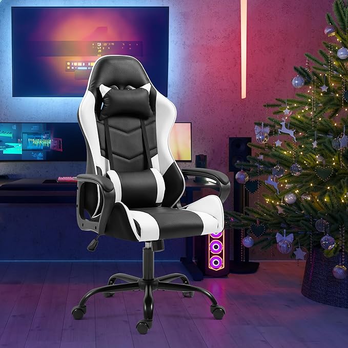 ECOTOUGE Gaming Chair for Boys Ergonomic Computer Gamer Chair with Massage Lumbar Support &amp Rocking High Back 360° Swivel Video Game Chair for Gaming or Office Height Adjustable (White)