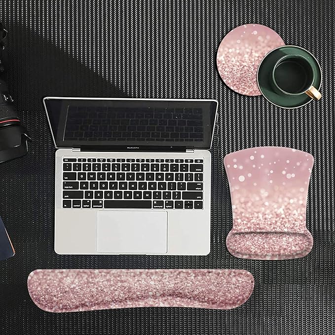 Ergonomic Mouse Pad Wrist Support Gel and Keyboard Wrist Rest Set Pink Glitter Design for Laptop Mac Gaming and Office Durable Comfortable and Pain Relief + Coaster