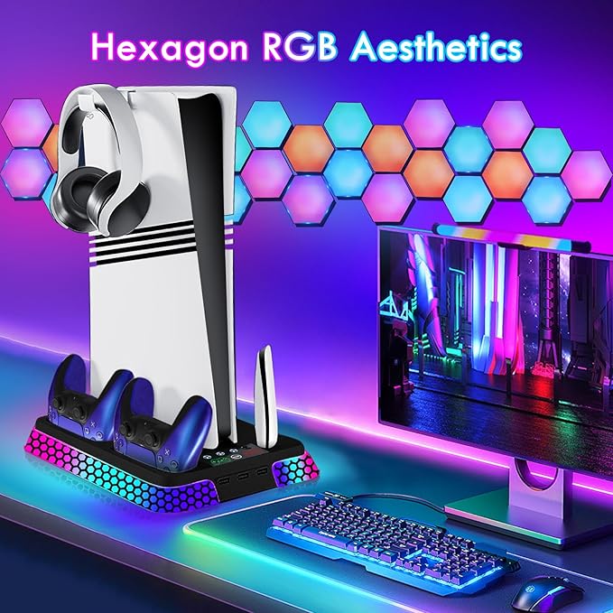 Pro Slim Cooling Station with RGB LightsStand Vertical Base Accessories with Silent 3-Level Cooling Fans Dual Controller Charger and USB Hubs (Black)