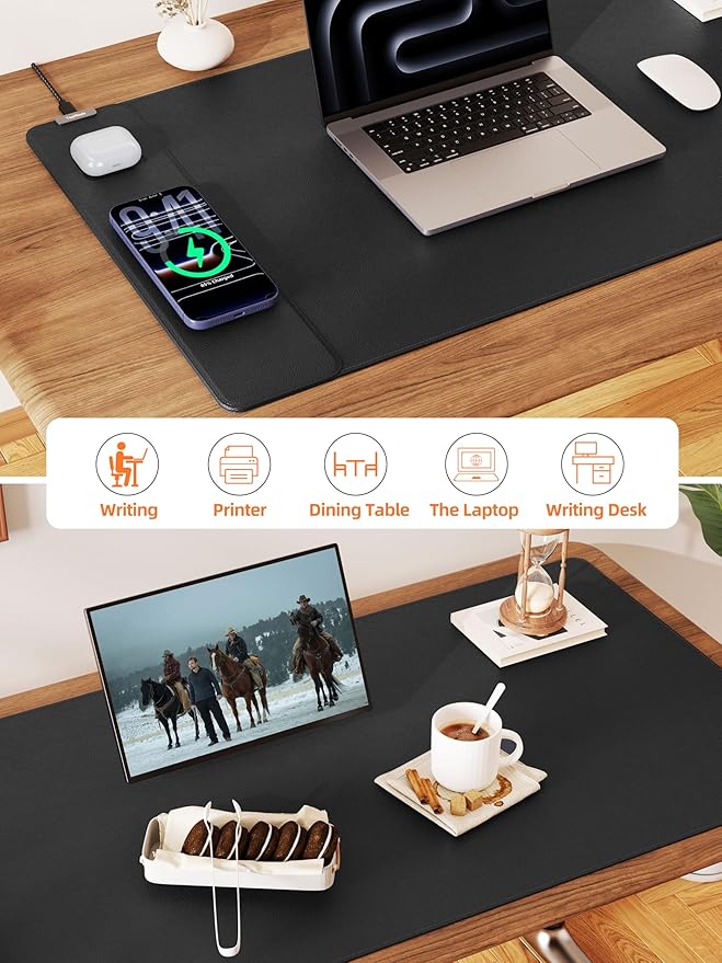 TopMade Mouse Pad with 15W Wireless Charging XXL Large Leather Desk Mat Waterproof Gaming Mousepad Home Office Desk Pad Protector Computer Keyboard Pad Mouse Mat for MacBook PC Laptop Black