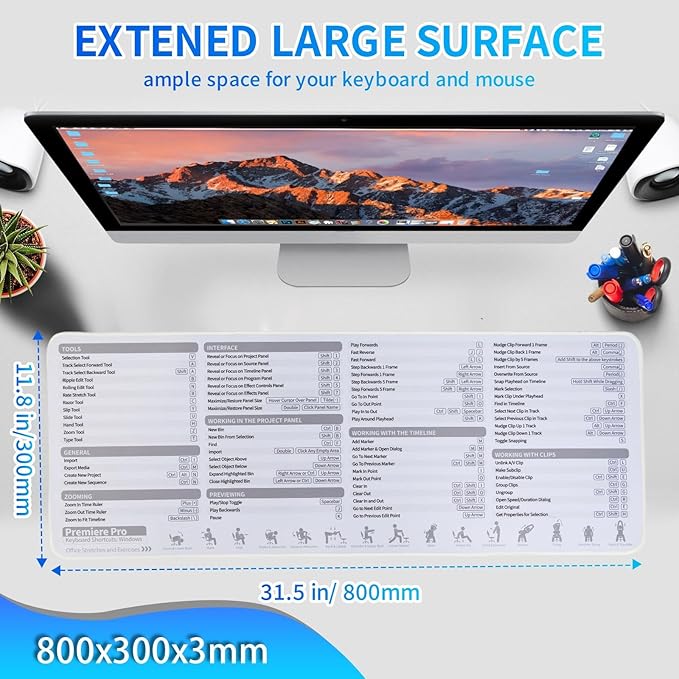 Premiere Pro Shortcuts Mousepad Adobe Premiere Keyboard Mouse Pad Quick Reference Keyboard Shortcut Desk Mat for Video EidtingLarge SizeWaterproof Non-Slip Gifts for Friend