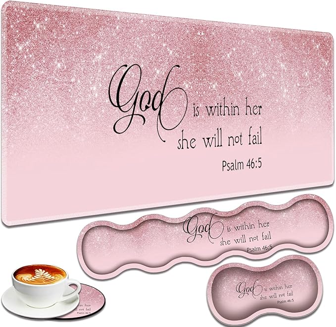 Large Gaming Mouse Pad + Keyboard Wrist Rest + Wrist Support + Coaster Set Memory Foam Ergonomic for Easy Typing XXL Extended Gaming Mouse Pad Table Pad - Bible Psalm 46:5