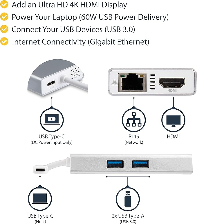 StarTech.com USB-C Multiport Adapter - USB-C Travel Docking Station w/ 4K HDMI - 60W Power Delivery Pass-Through GbE 2pt USB-A 3.0 Hub - Portable Mini USB Type-C Dock for Laptop - White TAA