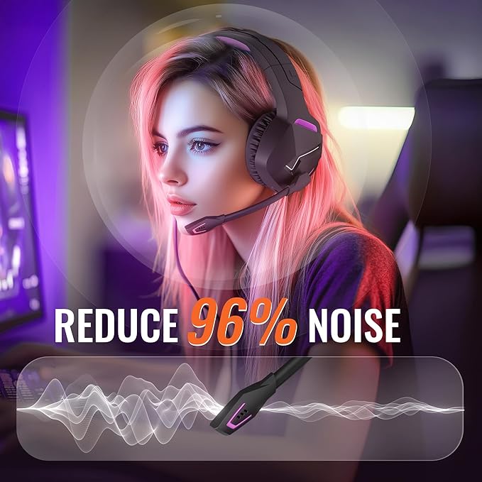 BINNUNE 2.4GHz Wireless Gaming Headset Bluetooth 5.3 Gaming Headphones with Noise Canceling Mic 120H Ultra-Long Battery 50mm Drivers Multi-Platform for PC / PS5 /PS4/ Switch/Mobile Purple