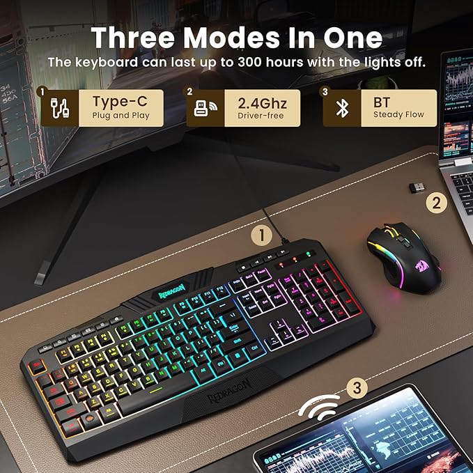 Redragon S101M-KS Gaming Keyboard and Mouse Wireless with Tri-Mode RGB Keyboard and 4800 DPI Gaming Mouse 10 Independent Multimedia Keys for Wins PC Computer Wireless S101 Ideal for Gamer