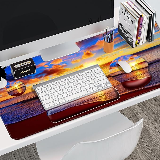 Mouse Pad + Desk Mat + Keyboard Wrist Rest + Coaster 4 in 1 Set Cute Ergonomic Large Gaming Mousepad with Wrist Rest Support Desk Pad for Computer Laptop Office Home Decor-Sunset Beach