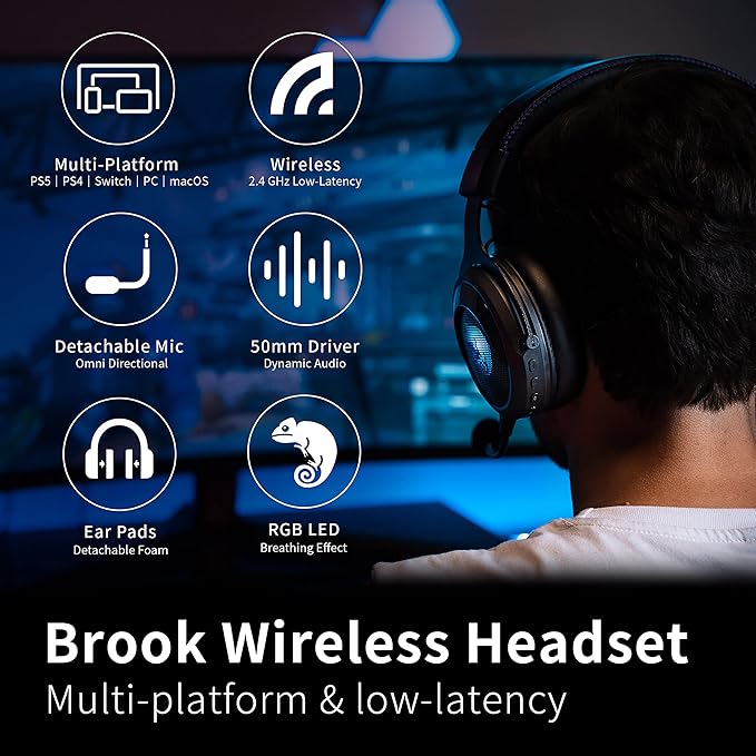 Brook 2.4GHz Wireless Headset - Cross-Platform Wireless Gaming Headset for PS5 PS4 PC Mac Android and NS Low Latency (with Extra Earpads)