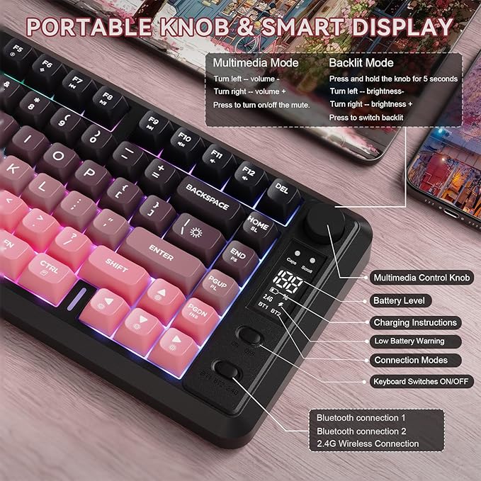 ZIYOU LANG M75 Wireless Gaming Keyboard RGB Backlit Rechargeable 2000mAh Battery Small Membrane But Mechanical Feel Keyboard with Smart Display &amp Knob PBT Gradient keycaps for PC MAC-BlackBerr
