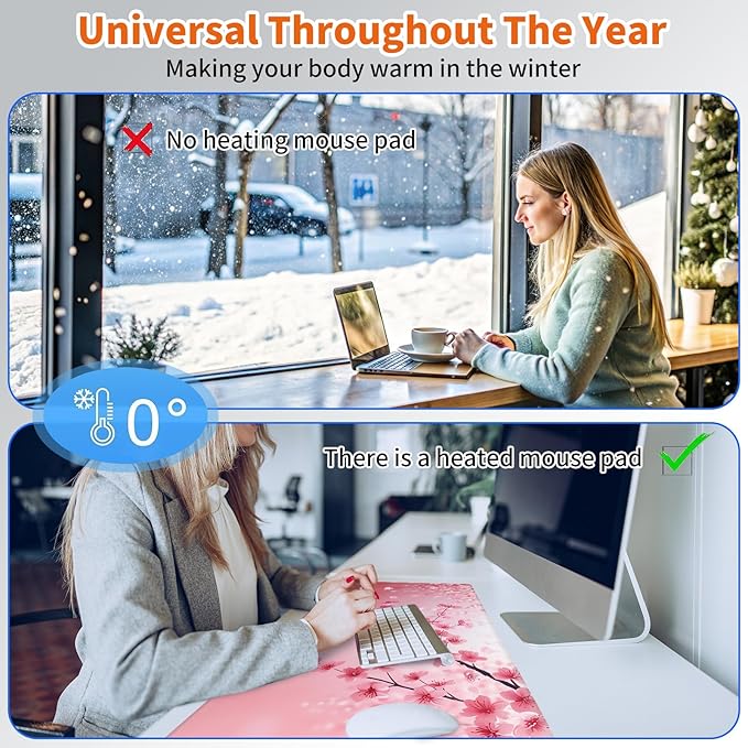 Heated Mouse PadWarm Desk Pad with 3 Levels Heating &amp 3 Hours Auto Shut-Off PU Leather Heated Desk Pad Warmer Pad for Home Office - 31.5 x 13 inchCherry Blossoms