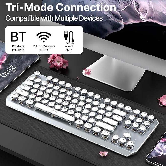 EWEADN TK940 Wireless White Typewriter Mechanical Keyboard87 Keys Aesthetic Mechanical Keyboard Tri-Mode Blue Switches White Backlit Keyboards Retro Punk Keyboards for Windows/Mac/PC