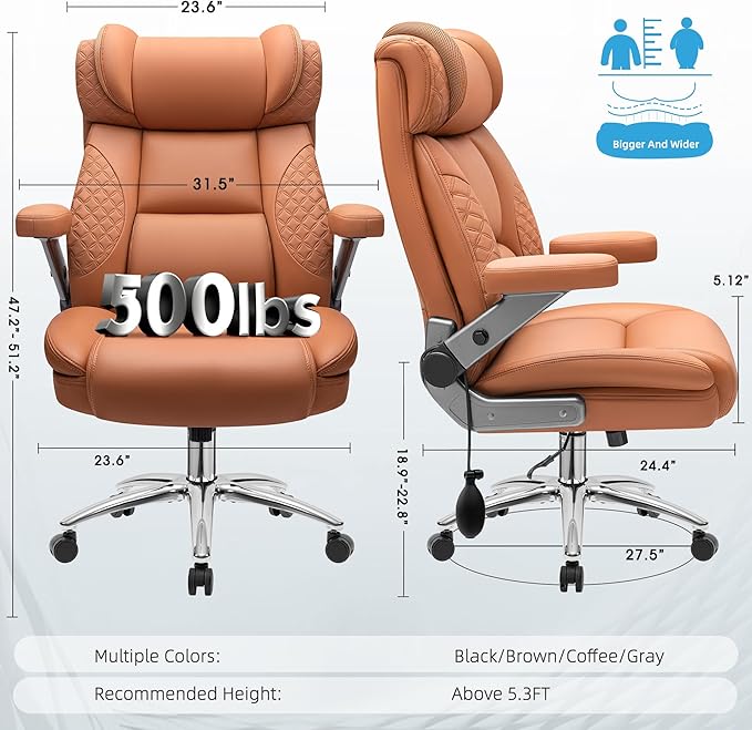 Office Chair 5D Flip Arm Ergonomic Desk Chair with Adjustable Lumbar Support for Back Pain Extra Wide 500LBS Comfy Big and Tall Office Chair Executive Leather Computer Game Chair for Heavy People
