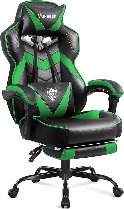 Vonesse Gaming Chair High Back Gaming Chair with Footrest and Massage Gaming Chairs for Adults with Pocket Spring Cushion Big and Tall Reclining Computer Chair with Lumbar Support (Green/Black)