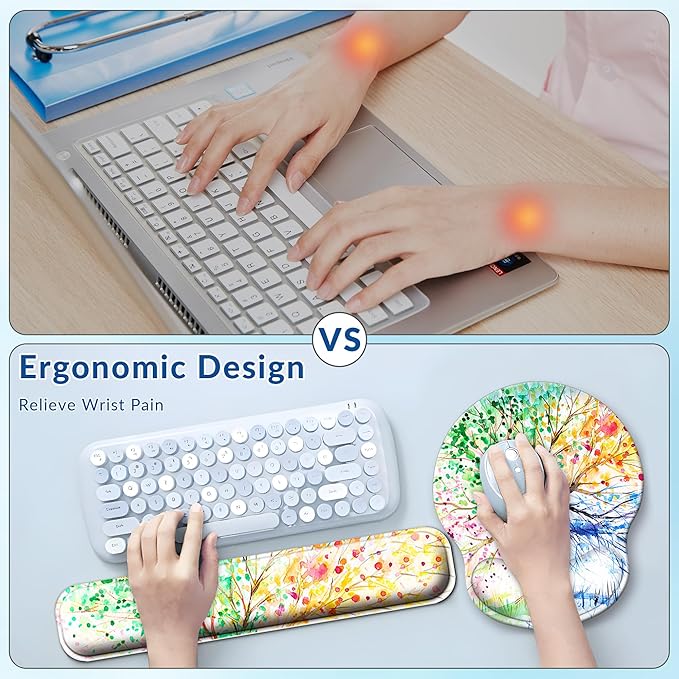 Desk Mat Set + Keyboard and Mouse Pad with Wrist Rest Support4-in-1 Large Mousepad Computer Mats for Desktop Home &amp Office-Watercolor Tree