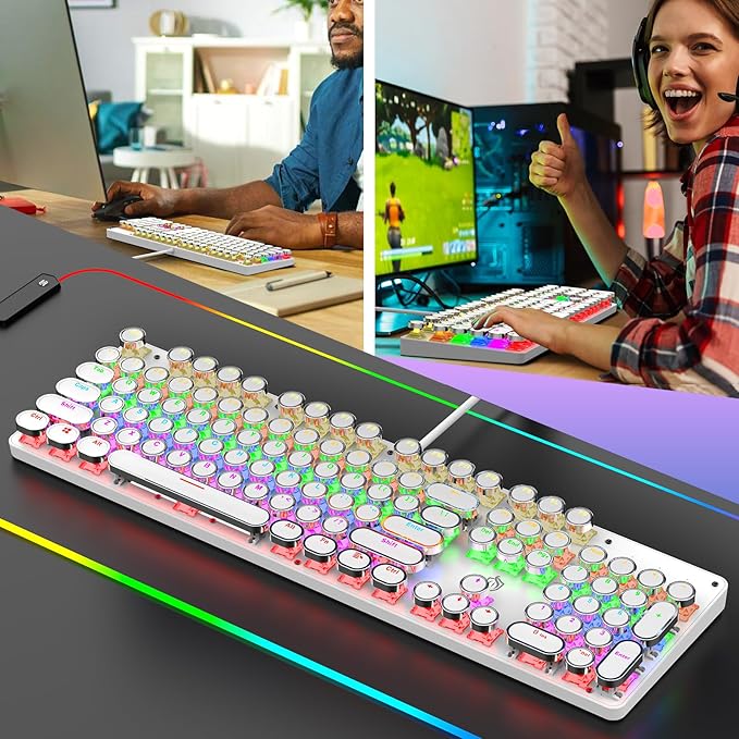Typewriter Mechanical Gaming Keyboard with Rainbow Light Backlit Red Switches 104 Keys Retro Round Keycap Wired Typewriter Style Comfortable Typing Soud (White LED)