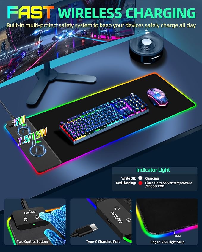 ExtreLife Wireless Charging Mouse Pad RGB Gaming Mousepad 31.5x11.8 Extra Large Desk Mat 13 Light Modes Ultra-Smooth Surface Non-Slip Base Waterproof Computer Keyboard Pad for Laptop Black