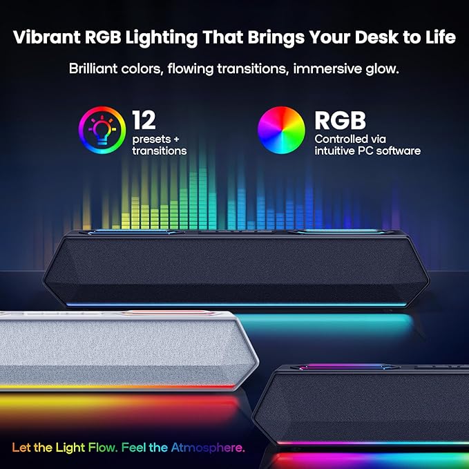 Deeyaple Computer Speakers 40W Wireless Soundbar for Desktop PC with Bluetooth 5.3 &amp USB Audio Software Custom EQ Dynamic RGB Lighting External Power Adapter Gaming Speakers Laptop Xbox (Bla