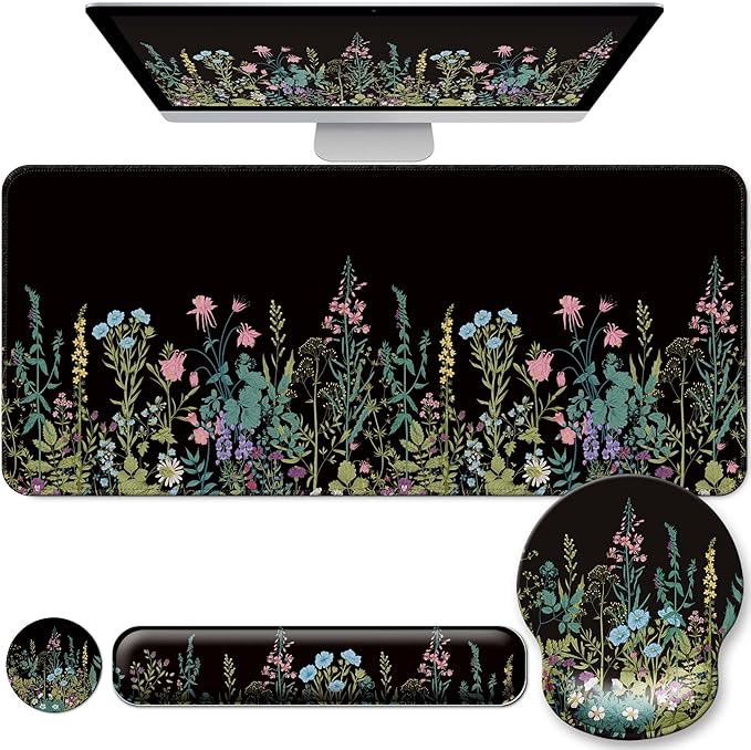 Desk Mat Set + Keyboard and Mouse Pad with Wrist Rest Support4-in-1 Large Mousepad Computer Mats for Desktop Home &amp Office-Flowers Garden
