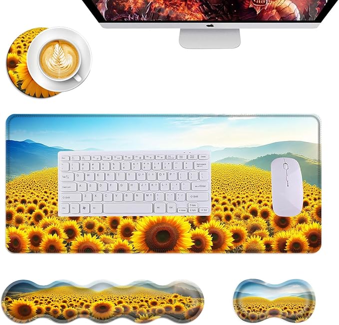 Mouse PadLarge Desk Mat Set 4in1 XL Mousepad + Keyboard Wrist Rest+Mouse Wrist Rest+Coaster with Ergonomic Desk Pad for Home Office Table Computer Cover -Sunflower Field and Mountain