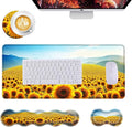 Mouse PadLarge Desk Mat Set 4in1 XL Mousepad + Keyboard Wrist Rest+Mouse Wrist Rest+Coaster with Ergonomic Desk Pad for Home Office Table Computer Cover -Sunflower Field and Mountain