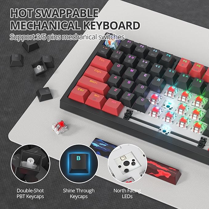 75% Mechanical Gaming Keyboard with Hot Swappable RGB Backlit Custom Knob Gasket Mount USB Wired Keyboard 82 Red Black Linear Red Switch Keys
