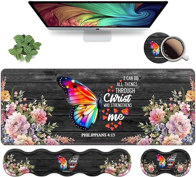 Ergonomic Keyboard Wrist Rest &amp Mouse Pad Wrist Rest Set Large XXL Gaming Desk Mat 31.5x 11.8 Memory Foam Easy Typing Pain Relief for Office &amp Home Butterfly Quote Bible Verse Philippian