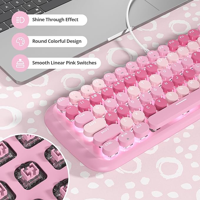 Pink Creamy Mechanical Gaming Keyboard Aesthetic w/White Backlit 84 Keys Cute Retro Typewriter Computer Keyboard Wired Round Keycaps for Windows/PC/PS5