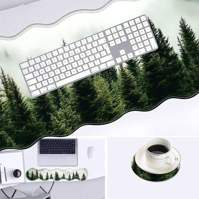 Large Mouse Pad and Keyboard Wrist Rest Desk Pad for Keyboard and Mouse 4-in-1 Large Gaming Mouse Pad with Wrist Support Desk Mat for Home Office Study Game-Forest