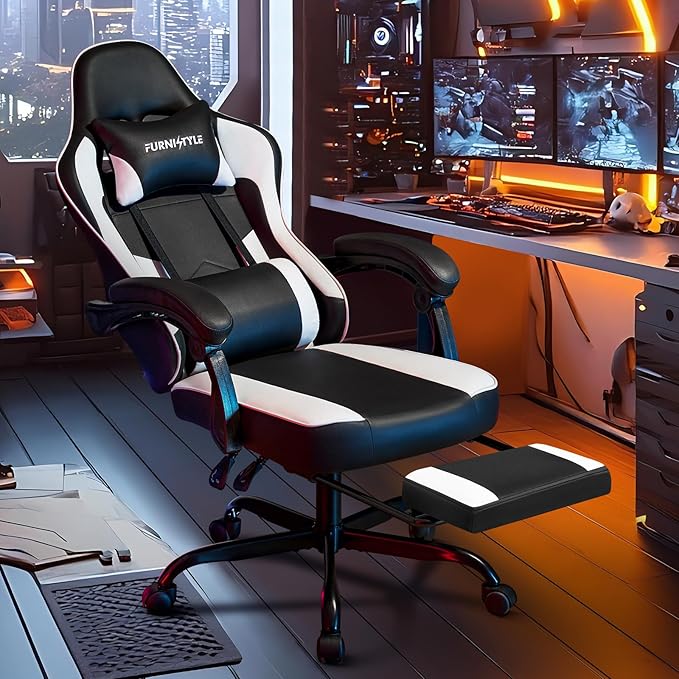 Gaming Chair with Footrest Reclining Video Game Chairs for Adults with Lumbar Support Linkage Armrests Ergonomic Computer Chair for Gaming or Office PU Black-White