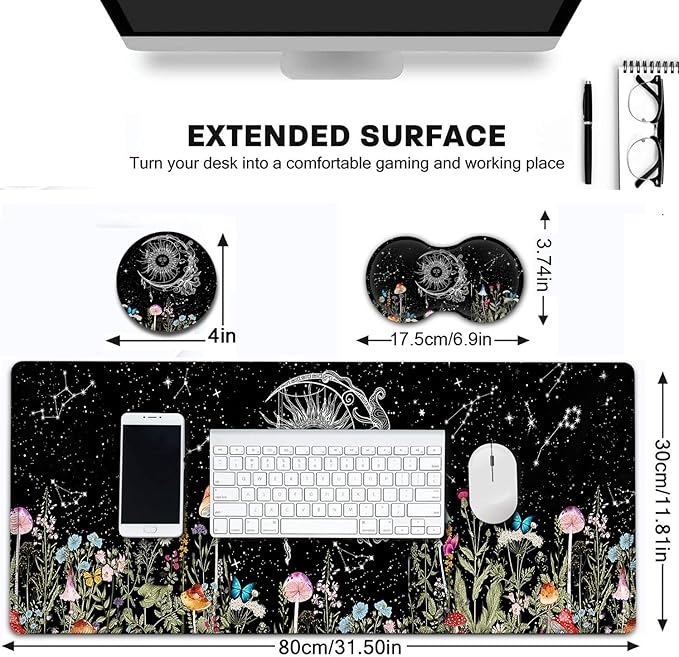 Desk Pad Extended Large Mouse Pad with Stitched Edges (31.5X11.8In) Ergonomic Mouse Wrist Rest Waterproof Computer Keyboard Mouse Mat Wildflowers Butterfly Starry Sky XXL Black Gaming Mouse Pad